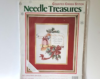 Needle Treasures Counted Cross Stitch, The Christmas Mailbox #02915 Vintage Kit, Personalize Pattern
