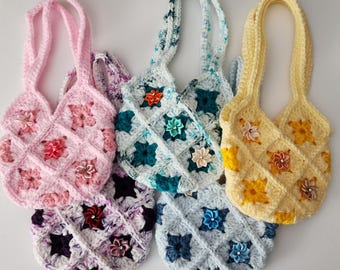 Hand-Crocheted Granny Square Purse: Floral Accent, Lined Pocketbook