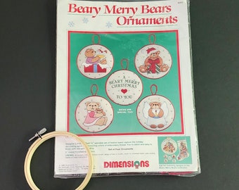 Vintage 1988 Beary Merry Bears Christmas Ornaments Crewel Embroidery Kit