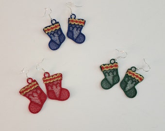 Christmas, Earrings, Holiday, Stocking, Filagree, Embroidered, Sterling Silver, Polyester, Cotton, Nickel Free, Lead Free