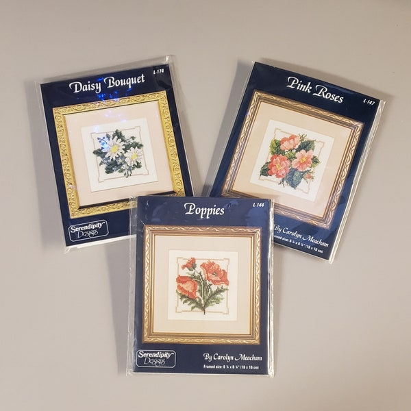 Flowers Serendipity Designs by Carolyn Meacham Poppies, Pink Roses, Daisy Bouquet Counted Cross Stitch Kits Vintage 1998