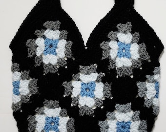 Granny Square Crocheted Purse: Lined Cotton Pouch, Shopping Bag