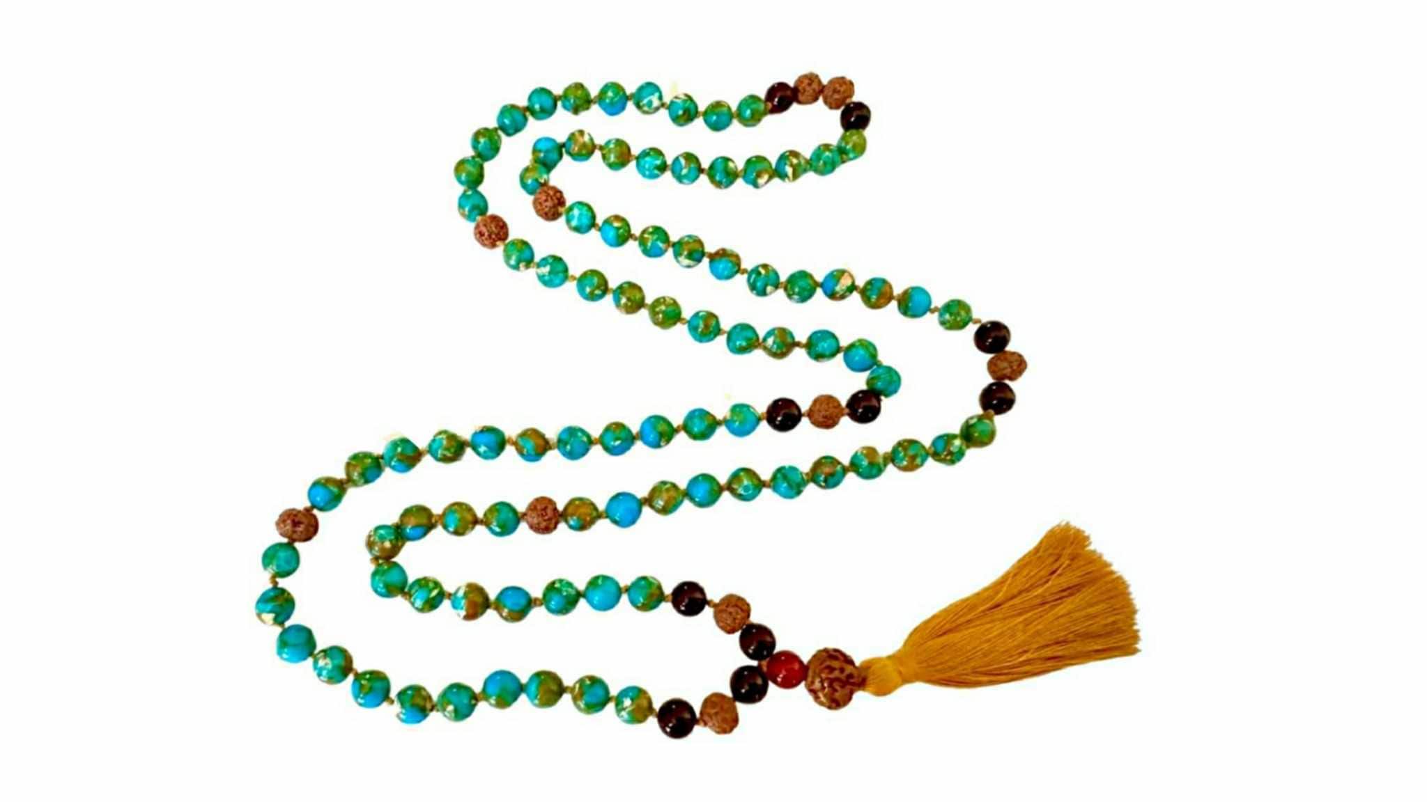 Triple protection Necklace for men & women.108 natural bead made from combination of Rudraksha, Mosaic Turquoise and Garnet Crystal Gemstone