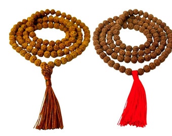 Two set of  certified 7-8 mm Rudraksha mala for Necklace & bracelet. 5 face natural 108 bead attach on beautiful silk tassel with guru bead.
