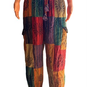 Breathable light weight hippie pants | Hand made patchwork art with elastic and drawstring | Large size unisex festival joggers.