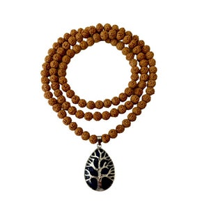 Tree of Life pendant necklace with pure 108 rudraksha bead mala. Original five mukhi nepali rudraksha bead prayer necklace.Best gift for her