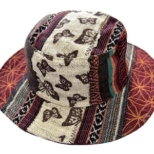 麻パッチワークサンハット：つば広ヒッピーバケットハット。ラージサイズ。