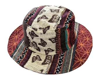 Hemp Patchwork Sun Hat: Wide Brim Hippie Bucket Hat. Large size.