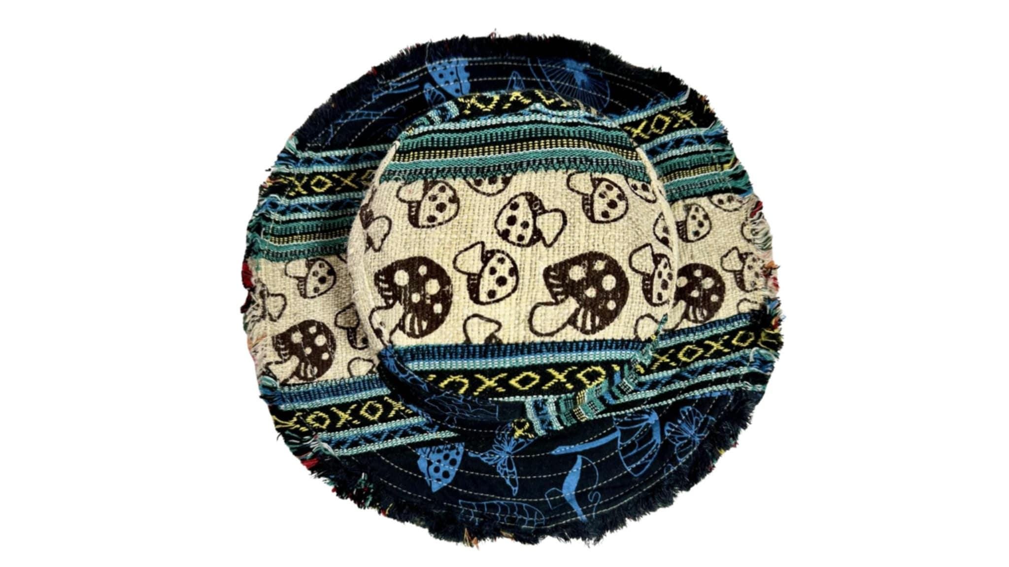 麻パッチワークサンハット：つば広ヒッピーバケットハット。ラージ