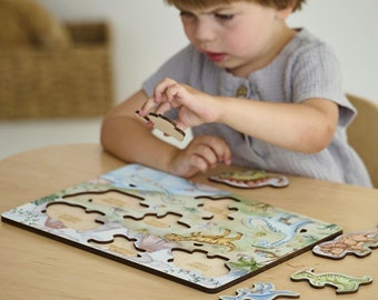 Holz-Montessori-Puzzle mit Dinosauriern, Holz-Familienpuzzle, Sensorisches Aktivitätsspielzeug, Gehirntraining, Vorschulspielzeug