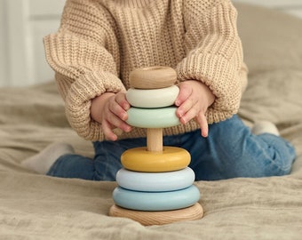 Wooden ring stacker toy / Wooden pyramid / Educational toy / Blue stacking toy / Nursery decor  Baby shower gift / Baby girl gift / Baby toy
