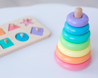 Gifts for kids, Wooden ring stacker toy, Wooden pyramid, Rainbow stacking toy Baby nursery decor Baby shower gift Toddler gifts