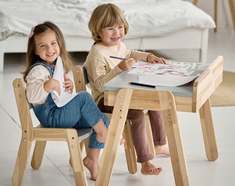 Escritorio y sillas para niños, Muebles para niños Montessori, Muebles de dormitorio para niños, Escritorio para niños pequeños, Juego de mesa y sillas de madera para niños, Escritorio para niños