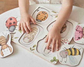 Montessori puzzle with bugs, Educational sorting, Eco-friendly wooden sorting, Fine motor skills wooden toys, Montessori toys 2 year old