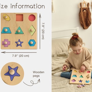 Geometric shape wooden puzzle with pegs, Montessori educational puzzle, Sorter toy, Wooden toys for toddlers, Baby puzzle, Gift for Kids image 7