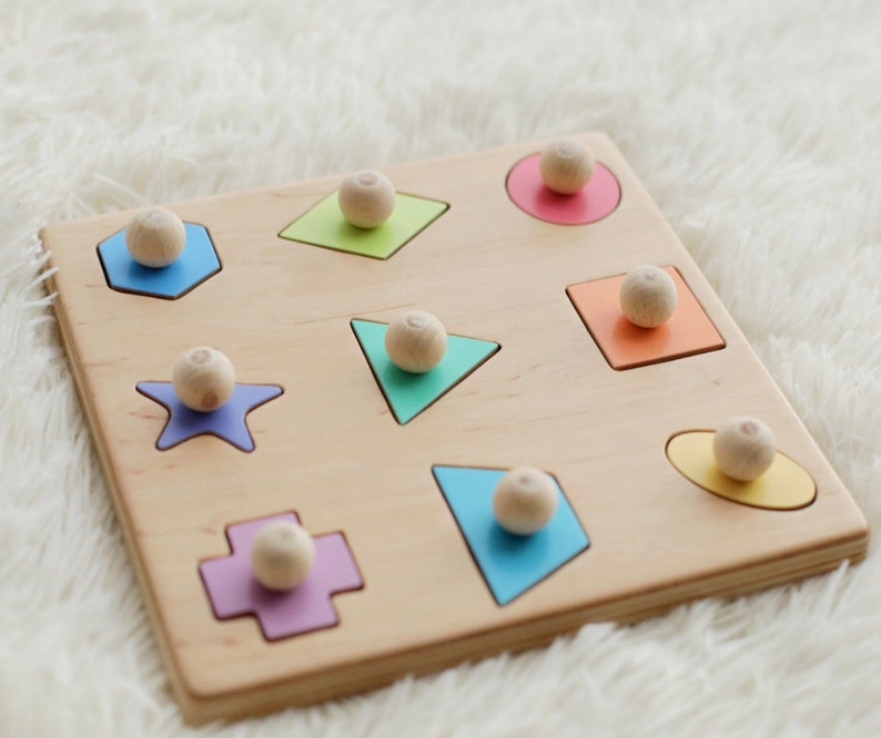 Geometric shape wooden puzzle with pegs, Montessori educational puzzle, Sorter toy, Wooden toys for toddlers, Baby puzzle, Gift for Kids image 1