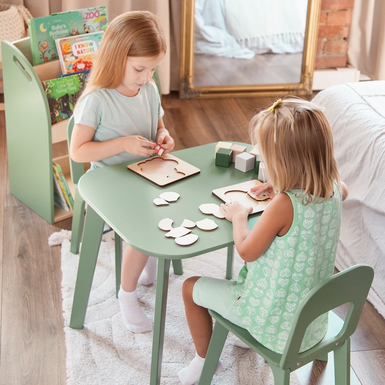 Montessori table and chair set, green wooden kids table and chairs, preschool table and chair set, toddler montessori desk with table image 1