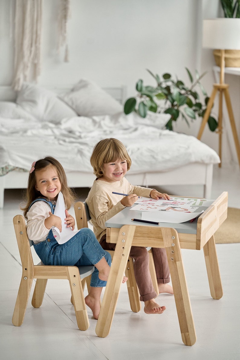 Kids desk and chairs, Kids furniture Montessori, Kids bedroom furniture, Toddler desk, Wooden kids table and chair set, Children desk image 1
