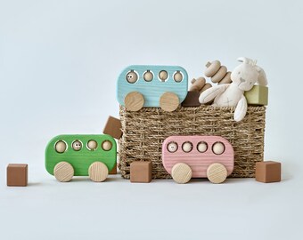 Pink Wooden Bus, Push Toy, Wooden Toy Cars, Baby girl gift, First Christmas gift, Toddler Montessori toys 2 year old, Toddler toys wooden