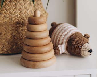 Wooden stacking toy, Wooden ring stacker, Montessori toys, Wooden pyramid, Baby stacking rings, Wooden nursery toys, First Christmas gift