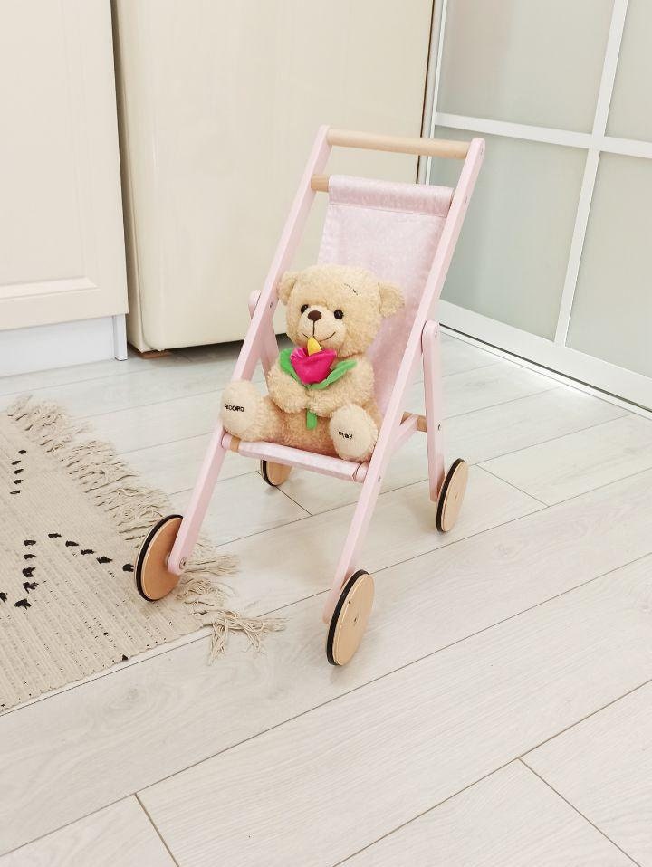 Wooden pink doll stroller with floral textile / Gift for Etsy