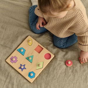 Geometric shape wooden puzzle with pegs, Montessori educational puzzle, Sorter toy, Wooden toys for toddlers, Baby puzzle, Gift for Kids image 5