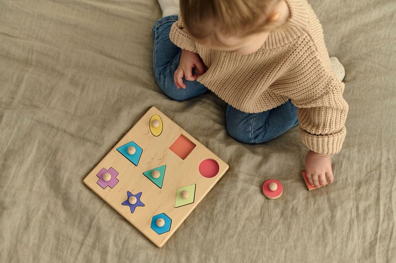 Geometric shape wooden puzzle with pegs, Montessori educational puzzle, Sorter toy, Wooden toys for toddlers, Baby puzzle, Gift for Kids image 5