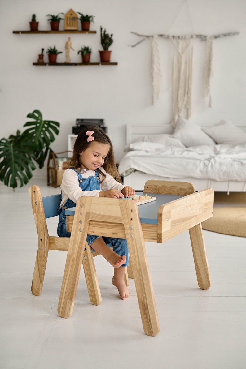 Kids desk and chairs, Kids furniture Montessori, Kids bedroom furniture, Toddler desk, Wooden kids table and chair set, Children desk image 2