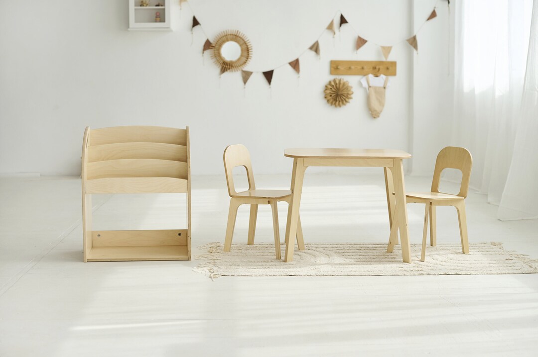 Montessori Furniture Wooden Kids Table and Chairs, Montessori Bookshelf