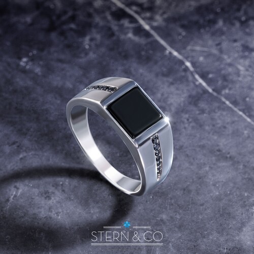 Mens Black Onyx Ring With CZ Setting Pinky Ring Etsy