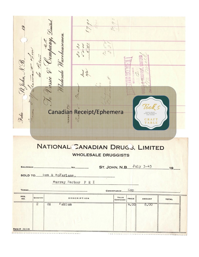 Canadian ReceiptEphemera-Digital Download