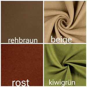 May include: Four fabric swatches in different colors: beige, brown, rust, and green. The swatches are labeled with the color names in German.