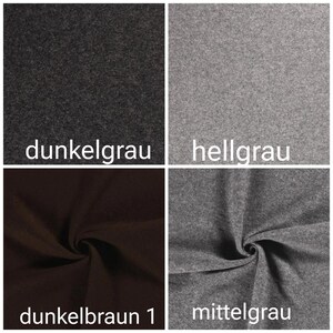 May include: Four fabric swatches in different shades of gray and brown. The swatches are labeled "dunkelgrau", "hellgrau", "dunkelbraun 1", and "mittelgrau".