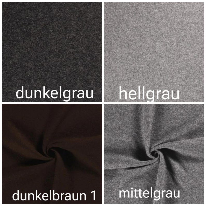 May include: Four fabric swatches in different shades of gray and brown. The swatches are labeled "dunkelgrau", "hellgrau", "dunkelbraun 1", and "mittelgrau".