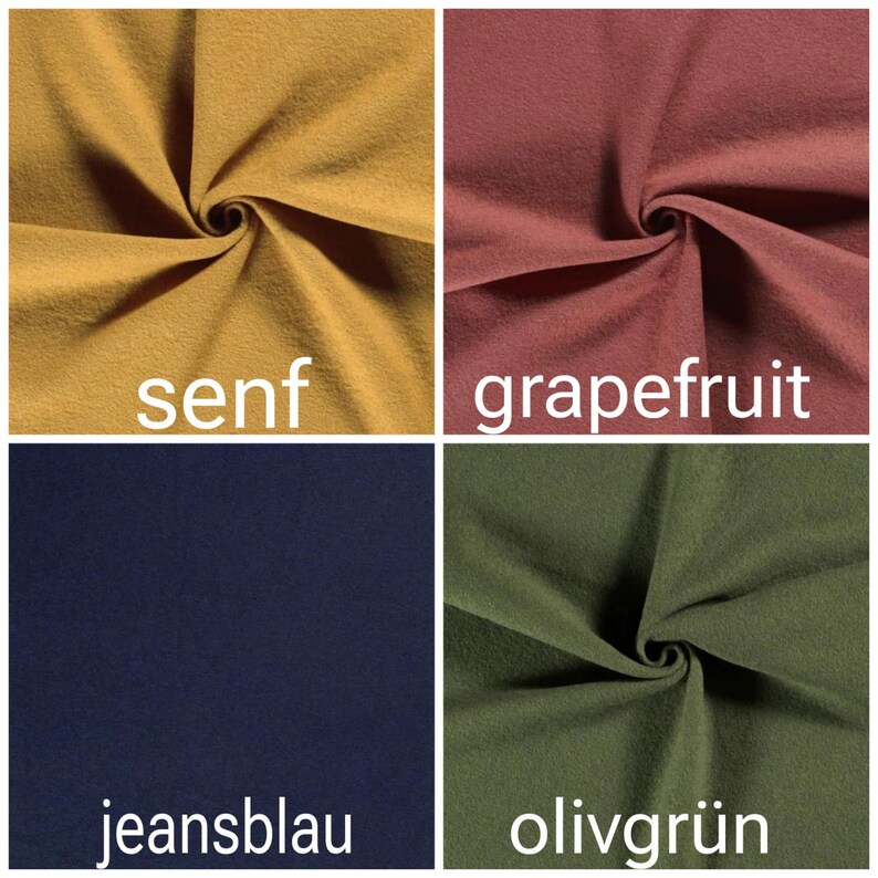 May include: Four fabric swatches in different colors: mustard yellow, reddish-brown, dark blue, and olive green. The swatches are labeled "senf", "grapefruit", "jeansblau", and "olivgr&uuml;n".