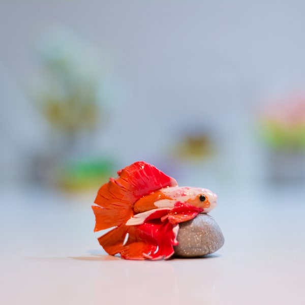 Mini Pink Orange White Betta Fish - Handmade Polymer Clay Sculpture