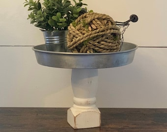 Decorative Tray |  Farmhouse Tray | Shabby Chic Tray - Repurposed Vintage Cake Pan on Wooden Pedestal