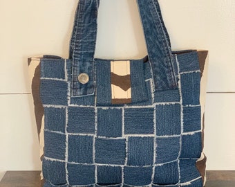 Woven Denim Handbag with Animal Print | Hand Woven Upcycled Jeans Purse | Boho Shoulder Bag | One of a Kind Handmade Tablet Bag