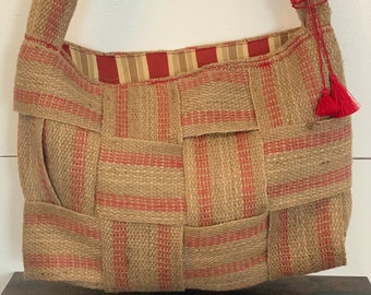 Woven Jute Messenger Bag | Handmade Laptop Tote | Boho Crossbody with Red Tassels | Upcycled Natural Fiber Bag | One of a Kind