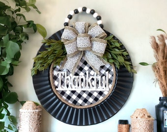 Thankful or Blessed Buffalo Check Wall Decor | Farmhouse Thanksgiving Sign | Handmade Fall Round Wall Hanging | Christian Decor
