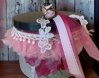 Decoupaged Glass Storage Jar | Pink Floral, Lace, Cameo Tassel | Upcycled Bathroom Decor