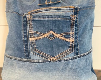 Gold Thread Denim Shoulder Bag | Upcycled Jeans Purse with Twill Belt Straps | Handmade Boho Book Bag | One of a Kind Tablet Bag