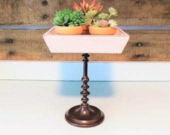Upcycled Pedestal Dish | Wooden Bowl on Vintage Candlestick | Beige Chalk Paint Farmhouse Decor | Handmade One of a Kind Riser