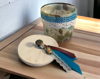 Decoupaged Glass Storage Jar | Upcycled Candle Jar | Teal and Brown Floral with Rhinestones | Chalk Paint Wood Lid | One of a Kind