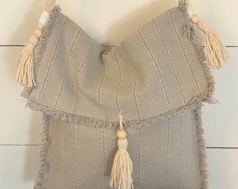 Linen Messenger Bag Made from a Vintage Table Runner | Handmade Boho Tote with Wooden Bead Tassels | Upcycled One of a Kind