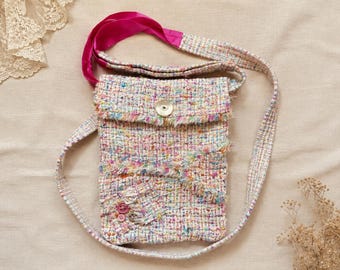 Upcycled Wool Suit Crossbody Bag | Hot Pink Silk Lining | Fringe Boho Purse | One of a Kind Gift