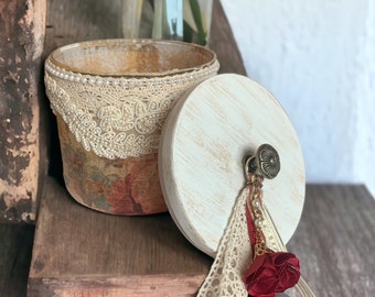 Decoupaged Glass Storage Jar | Upcycled Candle Jar | Red and Green Vintage Floral | Chalk Paint Wood Lid | One of a Kind Decor