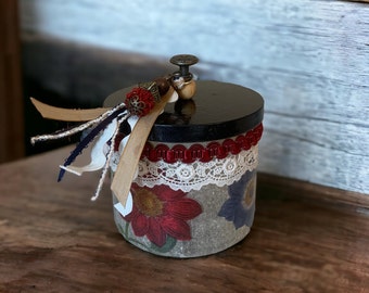 Decoupaged Glass Storage Jar | Upcycled Candle Jar | Bright Primary Floral with Lace | Vintage Style Bathroom Decor | One of a Kind