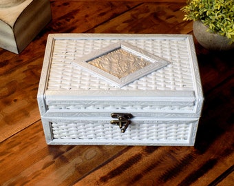 Upcycled Silver Storage Box with Teal Interior | Metallic Inlay Lid | Vintage Wooden Keepsake Box | Handmade One of a Kind Decor