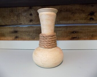Upcycled Glass Vase with Rope Detail | Beige Crackle Chalk Paint | Distressed Farmhouse Decor | Handmade One of a Kind Vase